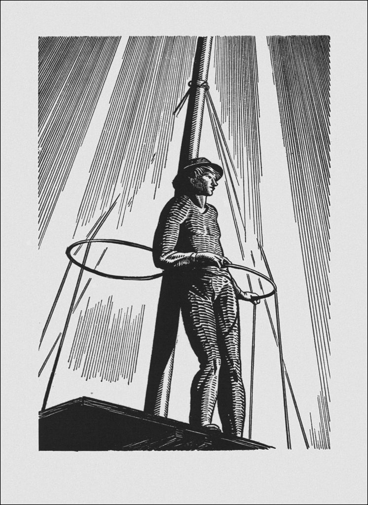 Rockwell Kent etching from Ch. 35 of Moby-Dick. A man atop the mast.