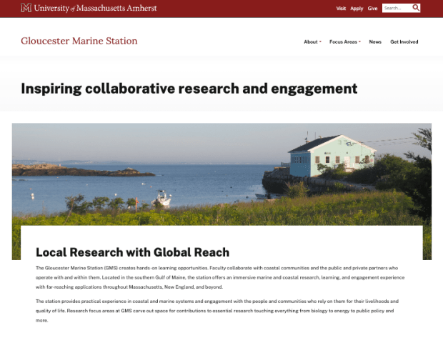 Homepage of the Gloucester Marine Station website, includes a photo of the station with the ocean in the background and overview text about the station itself.